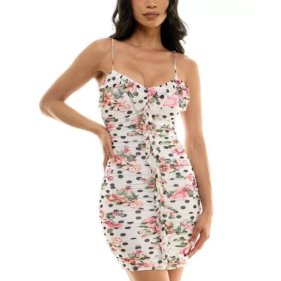 BCX Women Juniors' Mixed-Print Ruched Ruffled Bodycon Dress White multi Small - Picture 1 of 12